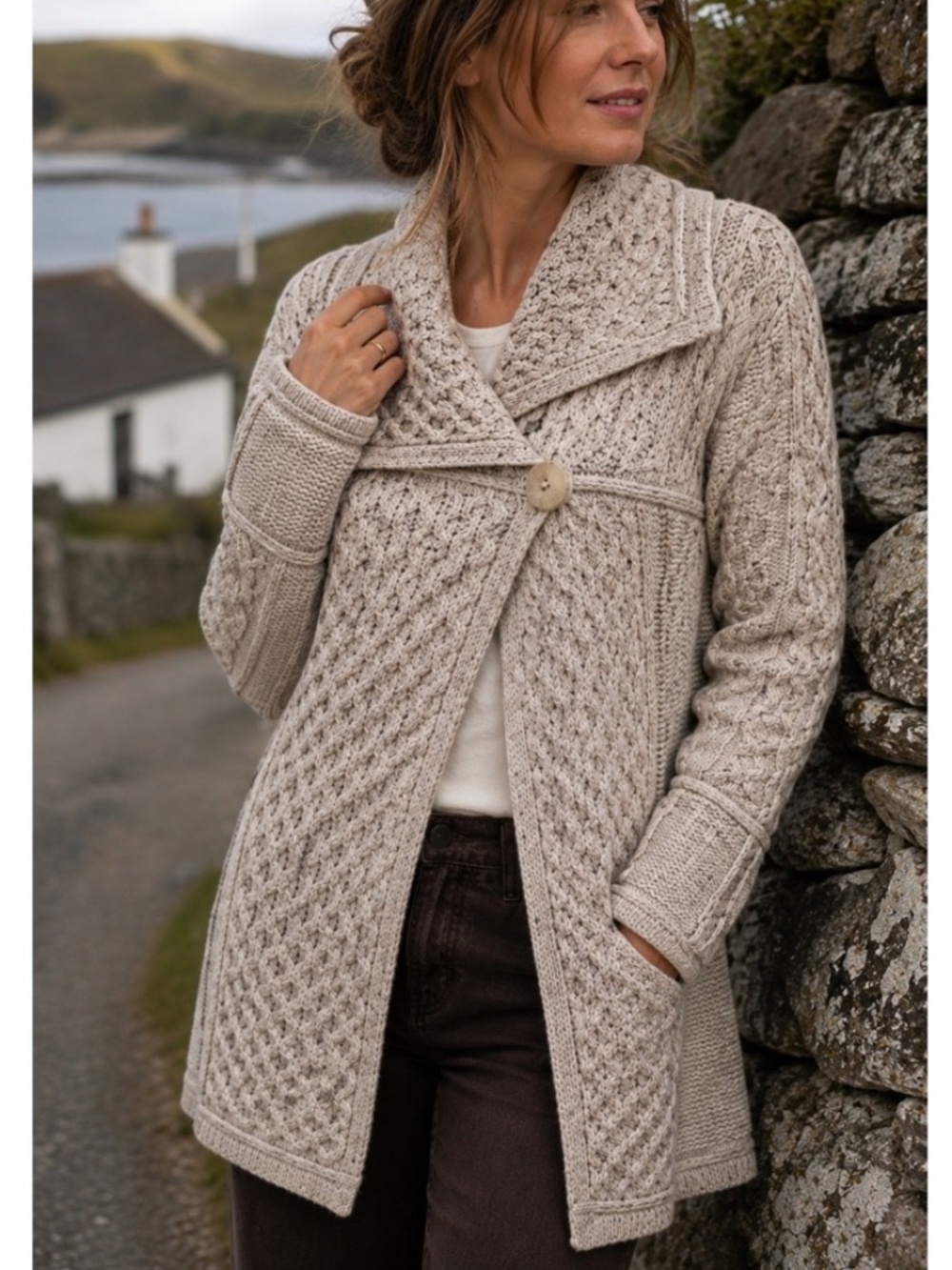 Aran Crafts Ireland Merino Wool Long Sweater Shawl Collar Oatmeal Cardigan XS